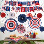 25 PCS US 250th Anniversary Decorations Set, 4th of July Decoration, Red White Blue Paper Fans in Patriotic Designs, 250 Years Garland Set for Independence Memorial Day Party Supplies Decor