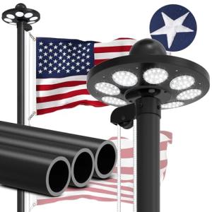 Panopole 11 Gauge Heavy Duty Flag Pole Kit with 136 LED Ultra Bright Solar Light, 2.3 mm Thick Flagpole 20FT for Outside House in Ground, 300D Thickened USA Flag, 120 MPH Flagpole Kit, Black