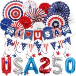 32PCS Patriotic Memorial Day Decorations Set,Red White Blue Paper Fans in Patriotic Designs,250 Anniversary USA Decorations