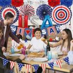 32PCS Patriotic Memorial Day Decorations Set,Red White Blue Paper Fans in Patriotic Designs,250 Anniversary USA Decorations