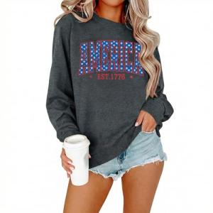 American Oversized Sweatshirt Women USA Shirt Patriotic Tshirt Casual Long Sleeve Pullover 4th of July Tee Tops Grey