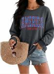 American Oversized Sweatshirt Women USA Shirt Patriotic Tshirt Casual Long Sleeve Pullover 4th of July Tee Tops Grey