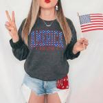 American Oversized Sweatshirt Women USA Shirt Patriotic Tshirt Casual Long Sleeve Pullover 4th of July Tee Tops Grey