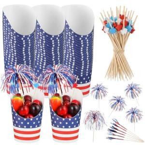 Yiyiring 50 Sets Independence Day Party Decorations, 14oz Charcuterie Cups, 4th of July Cocktail Picks, 4.7" Red White Blue Star Decorative Toothpicks for Independence Day Decorations Party Supplies