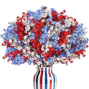 TORONTOKYO 24pcs 4th of July Red White Blue Flowers, Artificial Babys Breath Flowers Fake Silk Patriotic Flowers for Independence Day Home Decor Floral Arrangement Table Centerpieces