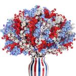 TORONTOKYO 24pcs 4th of July Red White Blue Flowers, Artificial Babys Breath Flowers Fake Silk Patriotic Flowers for Independence Day Home Decor Floral Arrangement Table Centerpieces