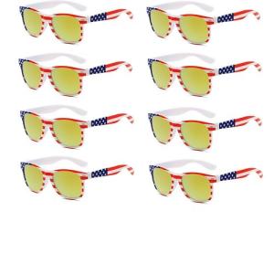 NLEYANB 8 Packs Wholesale Party American Flag USA Independence Day Sunglasses Bulk for Women Men UV400 (White-Golden)