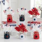 Iceyyyy 6 Set 4th of July Mason Jar Table Centerpiece, Mini Memorial Day Vase Tabletop Decoration with Flowers and Flags, Patriotic Independence Day Decor Centerpiece for Home Tiered Tray Party Favor