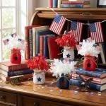 Iceyyyy 6 Set 4th of July Mason Jar Table Centerpiece, Mini Memorial Day Vase Tabletop Decoration with Flowers and Flags, Patriotic Independence Day Decor Centerpiece for Home Tiered Tray Party Favor