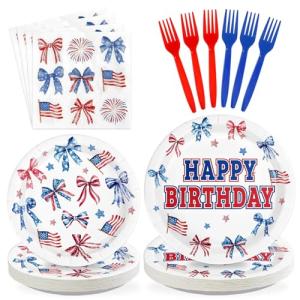 96Pcs Patriotic Birthday Decorations 250 Anniversary Red White and Blue Plates and Napkins American Flag Bows Decor Tableware for Girls Happy Birthday Memorial 4th of July Day Party Supplies Serves 24