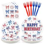 96Pcs Patriotic Birthday Decorations 250 Anniversary Red White and Blue Plates and Napkins American Flag Bows Decor Tableware for Girls Happy Birthday Memorial 4th of July Day Party Supplies Serves 24