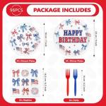 96Pcs Patriotic Birthday Decorations 250 Anniversary Red White and Blue Plates and Napkins American Flag Bows Decor Tableware for Girls Happy Birthday Memorial 4th of July Day Party Supplies Serves 24