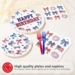 96Pcs Patriotic Birthday Decorations 250 Anniversary Red White and Blue Plates and Napkins American Flag Bows Decor Tableware for Girls Happy Birthday Memorial 4th of July Day Party Supplies Serves 24