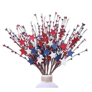 Yawwind 6 PCs 17 inch 4th of July Picks and Sprays Patriotic Floral Picks with Red White and Blue Berry Metal Stars Independence Day Patriotic Branches Memorial Day Flag Day for Table Centerpieces