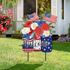 American Patriotic Outdoor Decor 26" Metal 250th Flag Welcome Yard Sign 4th of July Yard Decor Floral Vase Decorative Lawn Sign or Outside Garden Lawn Patio Backyard Porch Decorations