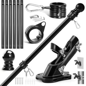 Anovo Flag Pole Kit- Upgraded Holder, Stainless Steel 7 FT Flag Poles with1 Inch Metal 360° Rotating Flag Pole Rings Two-Position Flag Pole Bracket Mounting for Outside House Porch (7 FT - Black)