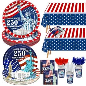 212 Pcs USA 250th Anniversary 4th of July Decoration American Flag Patriotic Party Supplies - Serve 30 - 60 Plates 30 Napkins 30 Cups 2 Tablecloth 90 Knives Forks Spoons for Independence Memorial Day
