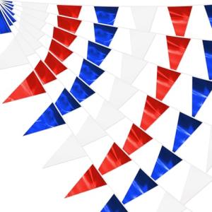 130FT White Blue Red Glitter Triangle Pennant Banner Flag Metallic Bunting Fabric Garland for Christmas Graduation, Independence Day, 4th of july, Patriotic Themed Party Decoration