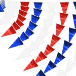 130FT White Blue Red Glitter Triangle Pennant Banner Flag Metallic Bunting Fabric Garland for Christmas Graduation, Independence Day, 4th of july, Patriotic Themed Party Decoration