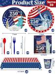 212 Pcs USA 250th Anniversary 4th of July Decoration American Flag Patriotic Party Supplies - Serve 30 - 60 Plates 30 Napkins 30 Cups 2 Tablecloth 90 Knives Forks Spoons for Independence Memorial Day