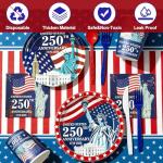 212 Pcs USA 250th Anniversary 4th of July Decoration American Flag Patriotic Party Supplies - Serve 30 - 60 Plates 30 Napkins 30 Cups 2 Tablecloth 90 Knives Forks Spoons for Independence Memorial Day
