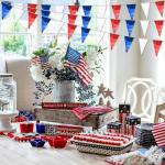 130FT White Blue Red Glitter Triangle Pennant Banner Flag Metallic Bunting Fabric Garland for Christmas Graduation, Independence Day, 4th of july, Patriotic Themed Party Decoration