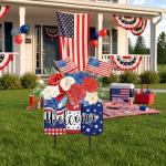 American Patriotic Outdoor Decor 26" Metal 250th Flag Welcome Yard Sign 4th of July Yard Decor Floral Vase Decorative Lawn Sign or Outside Garden Lawn Patio Backyard Porch Decorations