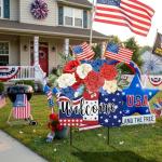 American Patriotic Outdoor Decor 26" Metal 250th Flag Welcome Yard Sign 4th of July Yard Decor Floral Vase Decorative Lawn Sign or Outside Garden Lawn Patio Backyard Porch Decorations