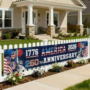 250 Year Anniversary USA Banner Flag 2x10 Ft, 4th of July Decorations 1776-2026 Freedom 250 Years Birthday Patriotic Party Supplies Decorations for Outdoor, Indoor,Garden, Porch (BLUE A)