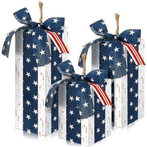 DoubleFill 3 Pcs USA Anniversary Wood Decor Rustic 250th 4th of July Wooden Fireworks Decorations Patriotic Table Centerpiece with Bowknot Independence Day Blocks for Home Decor(White)