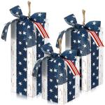DoubleFill 3 Pcs USA Anniversary Wood Decor Rustic 250th 4th of July Wooden Fireworks Decorations Patriotic Table Centerpiece with Bowknot Independence Day Blocks for Home Decor(White)
