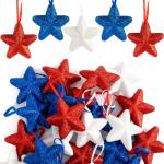 Memorial Day Tree Decorations, 4th of July Decorations Ornaments for Tree, 24pcs Red White Blue Decor Patriotic Ornaments 2.5 Inch Hanging Stars for Independence Day Veteran Day Home Decor