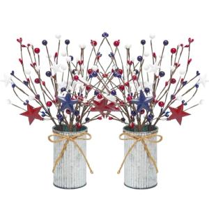 Caplidou 2 Pcs Patriotic Decorations, 4th of July Artificial Floral Berry Stem Picks with Vase Red White and Blue Berries Flowers Branches for Independence Day Memorial Day Table Centerpieces Home