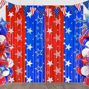 4th of July Backdrop Decorations, 2 Pack Star Print Red Blue Streamers Tinsel Foil Fringe Curtains Photo Booth Props for Memorial Day, Independence Day, Patriotic, USA Party Decor Supplies