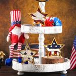 Hollowfly 3 Pcs 4th of July Decor Wooden Star White Blue Red Decor Patriotic Memorial Day Tiered Tray 250th Anniversary Independence Labor Day Table Wooden Decoration for Home Office Table(Stylish)