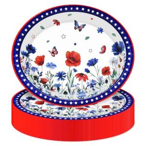 Temicle 50 Pcs Patriotic Wildflower Oval Paper Plates – 9" x 11" Red White Blue Floral Butterfly Disposable Plates for 4th of July, Memorial Day, BBQs, and Summer Patriotic Celebrations