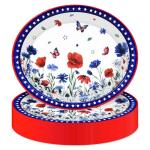 Temicle 50 Pcs Patriotic Wildflower Oval Paper Plates – 9" x 11" Red White Blue Floral Butterfly Disposable Plates for 4th of July, Memorial Day, BBQs, and Summer Patriotic Celebrations