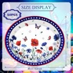 Temicle 50 Pcs Patriotic Wildflower Oval Paper Plates – 9" x 11" Red White Blue Floral Butterfly Disposable Plates for 4th of July, Memorial Day, BBQs, and Summer Patriotic Celebrations