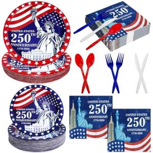 300 Pcs 250th Anniversary 4th of July Decorations American Flag Patriotic Party Supplies Set - Serve 50, 4th of July Disposable Paper Plates Napkins Cutlery Knives Forks Spoons Red White Blue Decor