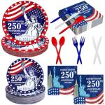 300 Pcs 250th Anniversary 4th of July Decorations American Flag Patriotic Party Supplies Set - Serve 50, 4th of July Disposable Paper Plates Napkins Cutlery Knives Forks Spoons Red White Blue Decor
