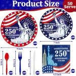 300 Pcs 250th Anniversary 4th of July Decorations American Flag Patriotic Party Supplies Set - Serve 50, 4th of July Disposable Paper Plates Napkins Cutlery Knives Forks Spoons Red White Blue Decor