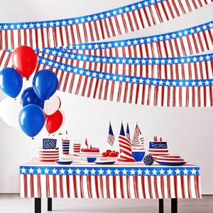 4 Packs 4th of July Decorations, Red White and Blue Fringe Curtain Tinsel Streamers, Star Flag Hanging Backdrop Banner Table Skirts for Parade Floats Memorial Day Patriotic Party Independence Day