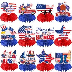 12Pcs Memorial Day Decorations Honeycomb Centerpieces, 3D Double Side Memorial Day Table Decorations, Blue Red Memorial Day Centerpieces for Tables, Memorial Day Decorations for Office Decor