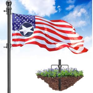 Flag Pole Kit with 3x5 Embriored American Flag - 9.5FT Tangle Free Heavy Duty Ground Flagpole with Anti-Tip Stake,Portable Flag Pole Freestanding for Outside House Yard Festival Camping,Black