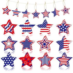 24pcs 4th of July Hanging Ornaments Independence Day Tree Decorations for White Red Blue Star Ornament Patriotic Tree Decorations with Ropes USA Flag Hanging Decoration for Holiday Party Supplies