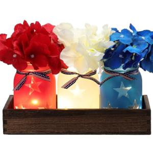 Domensi 4th of July Patriotic Table Decoration Set Rustic Wood Tray with 3 Pcs Mason Jar Centerpieces with String Lights 3 Pcs Artificial Colorful Flower for Independence Day Centerpiece Labor Day