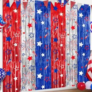 4th of July Party Decorations Red White Blue Foil Fringe Curtains, 2 Pack 3.3 x 6.6 FT Star Firework Patriotic Decor Fourth of July Photo Backdrop Streamers for Memorial Day Independence Day Labor Day
