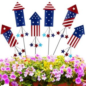 Pickmesh 6 Pcs 12" H 4th of July Outdoor Decor Patriotic Metal Yard Sign Red White Blue Fireworks Garden Stake 250th Anniversary USA Flag Rocket American for Memorial Day Independence Day Decoration