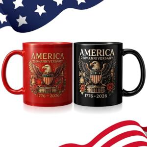 Singhoow 2 Pcs 250th Anniversary of USA Mug 11oz Patriotic Theme Ceramic Commemorative Coffee Cup, Guarding Eagle America Flag Mug Large Capacity USA 250th Anniversary Independence Day Gifts