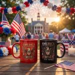 Singhoow 2 Pcs 250th Anniversary of USA Mug 11oz Patriotic Theme Ceramic Commemorative Coffee Cup, Guarding Eagle America Flag Mug Large Capacity USA 250th Anniversary Independence Day Gifts
